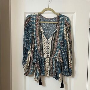 Ces Femme Teal and Beige Bohemian Blouse